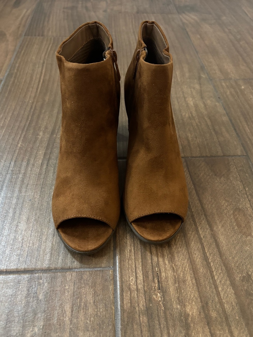 Jeffery Campbell PLAY Suede Peep-Toe Ankle Booties in Cognac